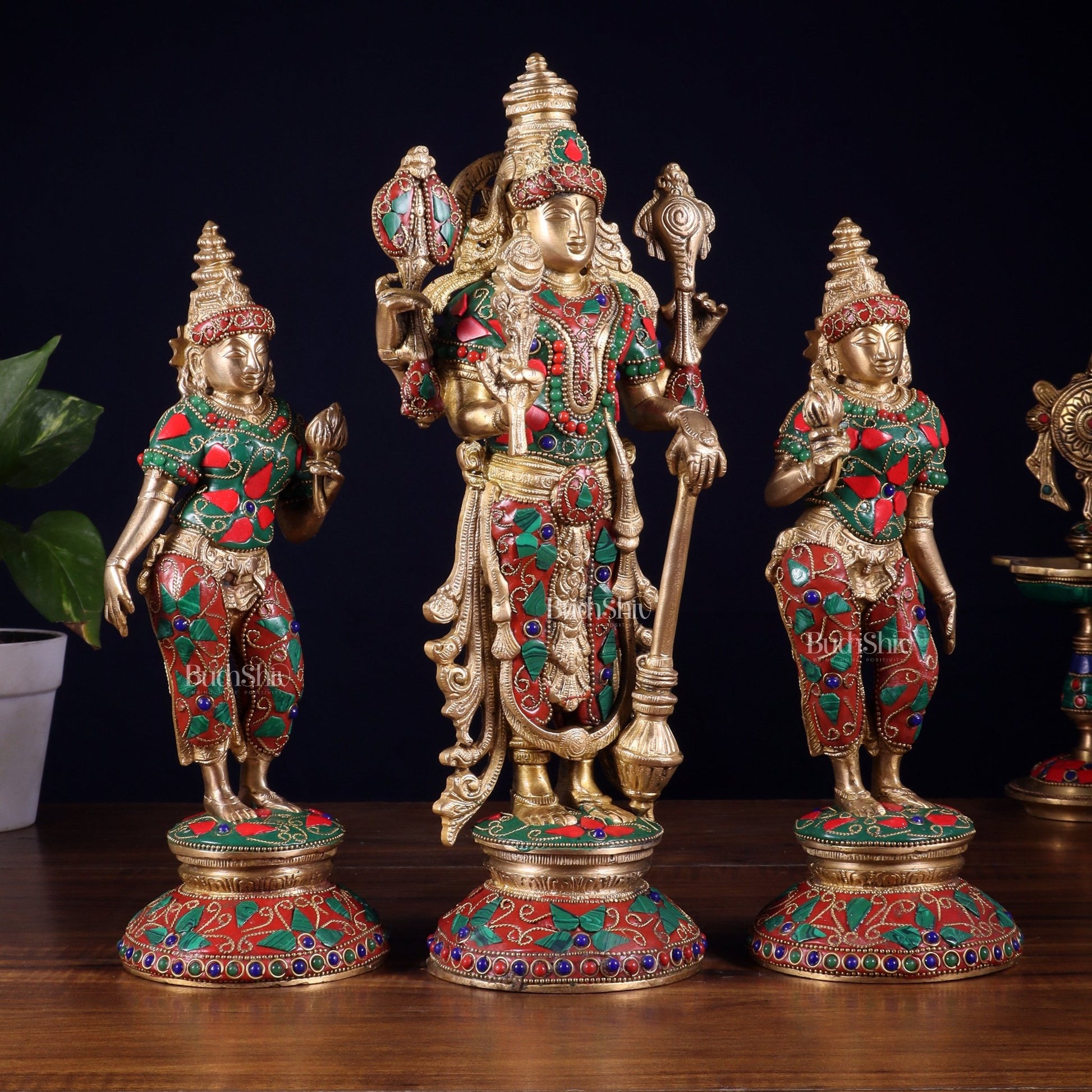 Brass Lord Vishnu with Bhudevi and Sridevi Statues – meenakari Stonework, 13" - Budhshiv.com