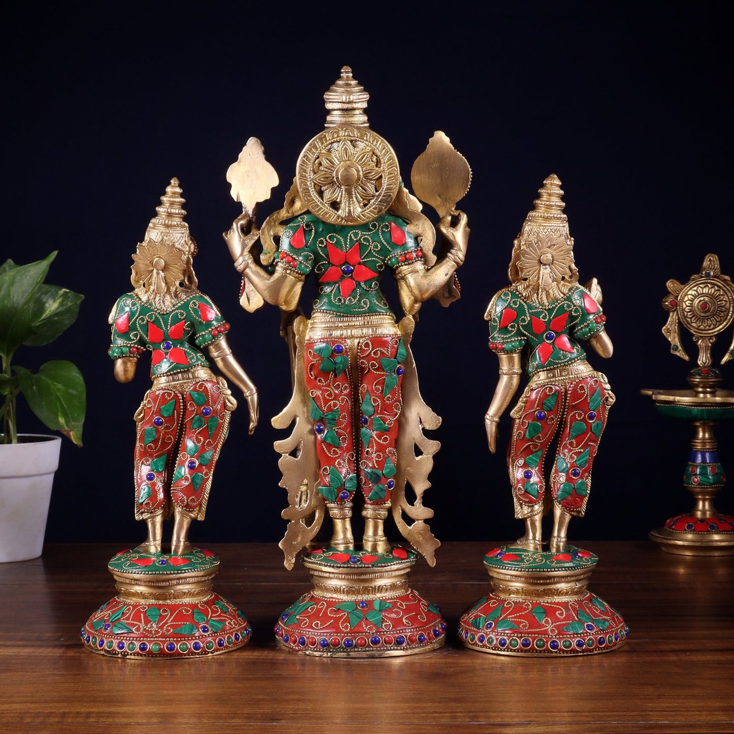 Brass Lord Vishnu with Bhudevi and Sridevi Statues – meenakari Stonework, 13" - Budhshiv.com