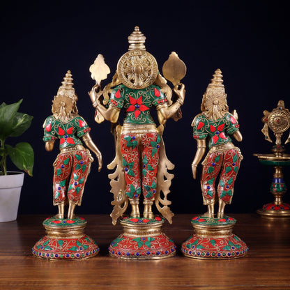 Brass Lord Vishnu with Bhudevi and Sridevi Statues – meenakari Stonework, 13" - Budhshiv.com