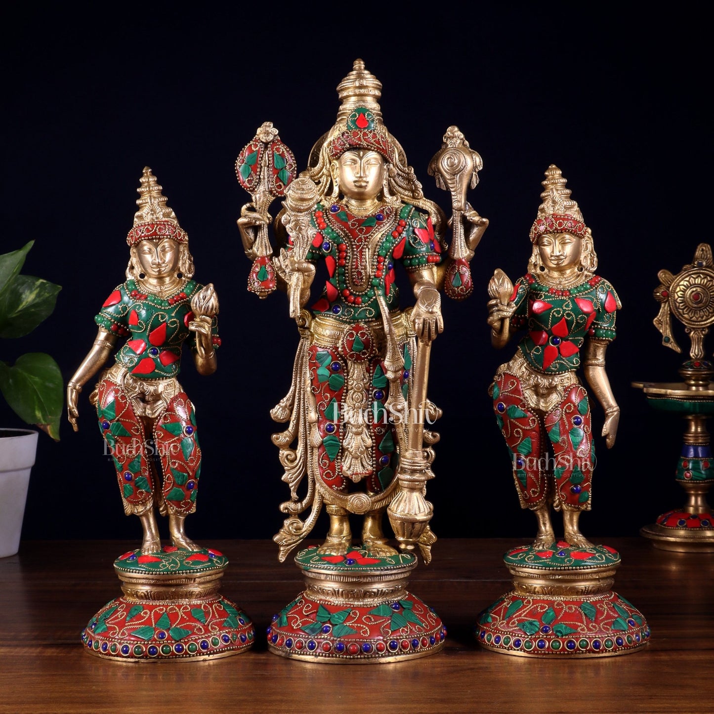 Brass Lord Vishnu with Bhudevi and Sridevi Statues – meenakari Stonework, 13" - Budhshiv.com