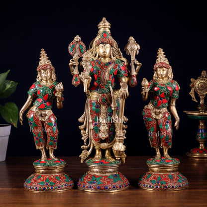 Brass Lord Vishnu with Bhudevi and Sridevi Statues – meenakari Stonework, 13" - Budhshiv.com
