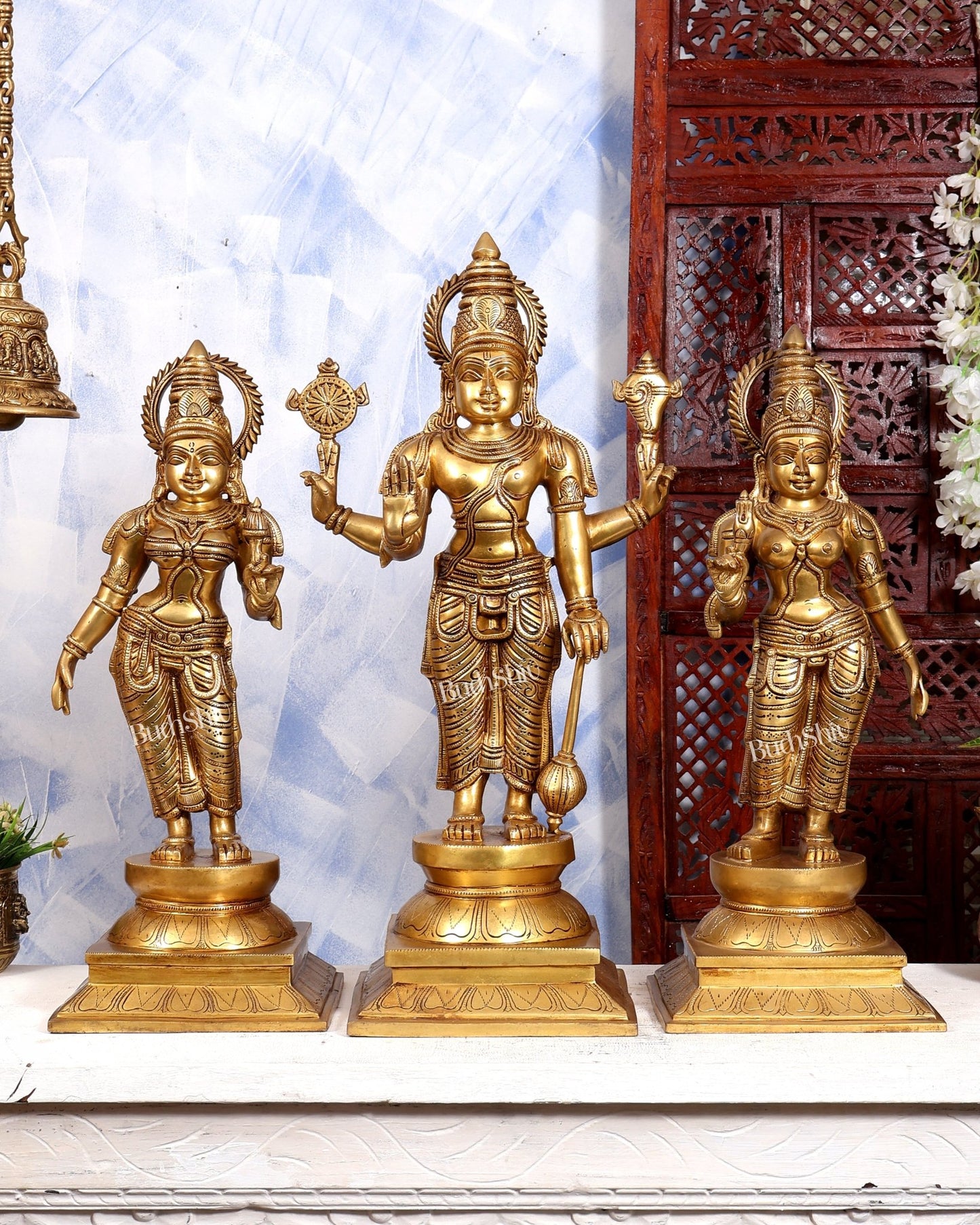 Brass Lord Vishnu with Bhudevi & Sridevi Idol Set | Large 3-Piece Temple Statue | Pure Brass Vaishnava Sculpture 25 inch - Budhshiv.com