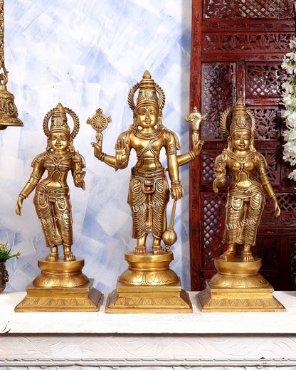 Brass Lord Vishnu with Bhudevi & Sridevi Idol Set | Large 3-Piece Temple Statue | Pure Brass Vaishnava Sculpture 25 inch - Budhshiv.com