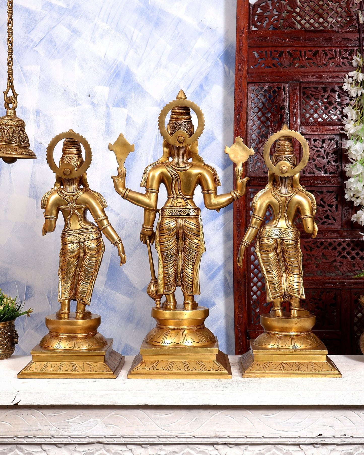 Brass Lord Vishnu with Bhudevi & Sridevi Idol Set | Large 3-Piece Temple Statue | Pure Brass Vaishnava Sculpture 25 inch - Budhshiv.com