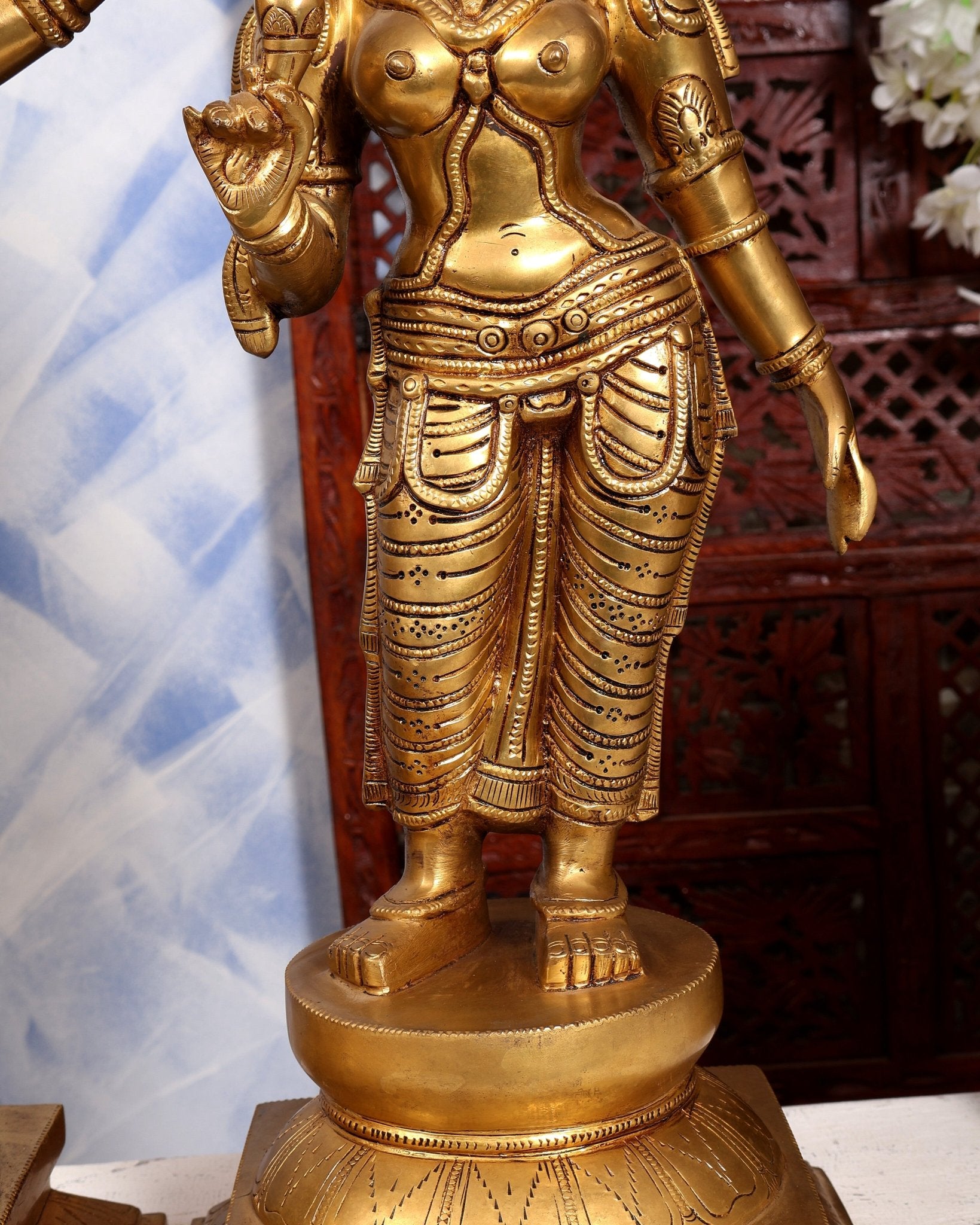 Brass Lord Vishnu with Bhudevi & Sridevi Idol Set | Large 3-Piece Temple Statue | Pure Brass Vaishnava Sculpture 25 inch - Budhshiv.com