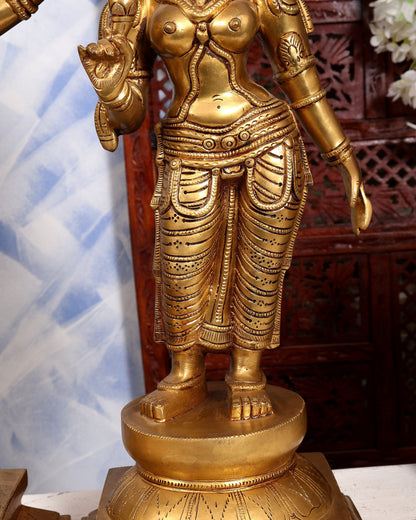 Brass Lord Vishnu with Bhudevi & Sridevi Idol Set | Large 3-Piece Temple Statue | Pure Brass Vaishnava Sculpture 25 inch - Budhshiv.com