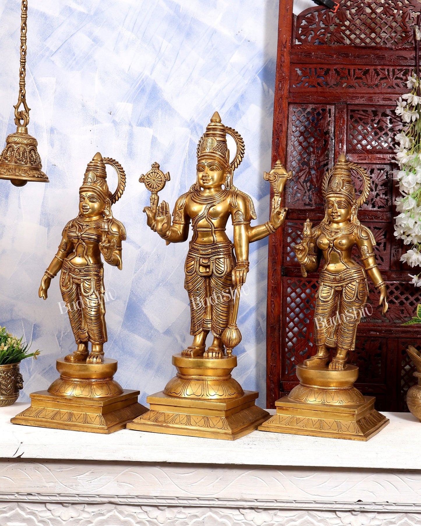 Brass Lord Vishnu with Bhudevi & Sridevi Idol Set | Large 3-Piece Temple Statue | Pure Brass Vaishnava Sculpture 25 inch - Budhshiv.com