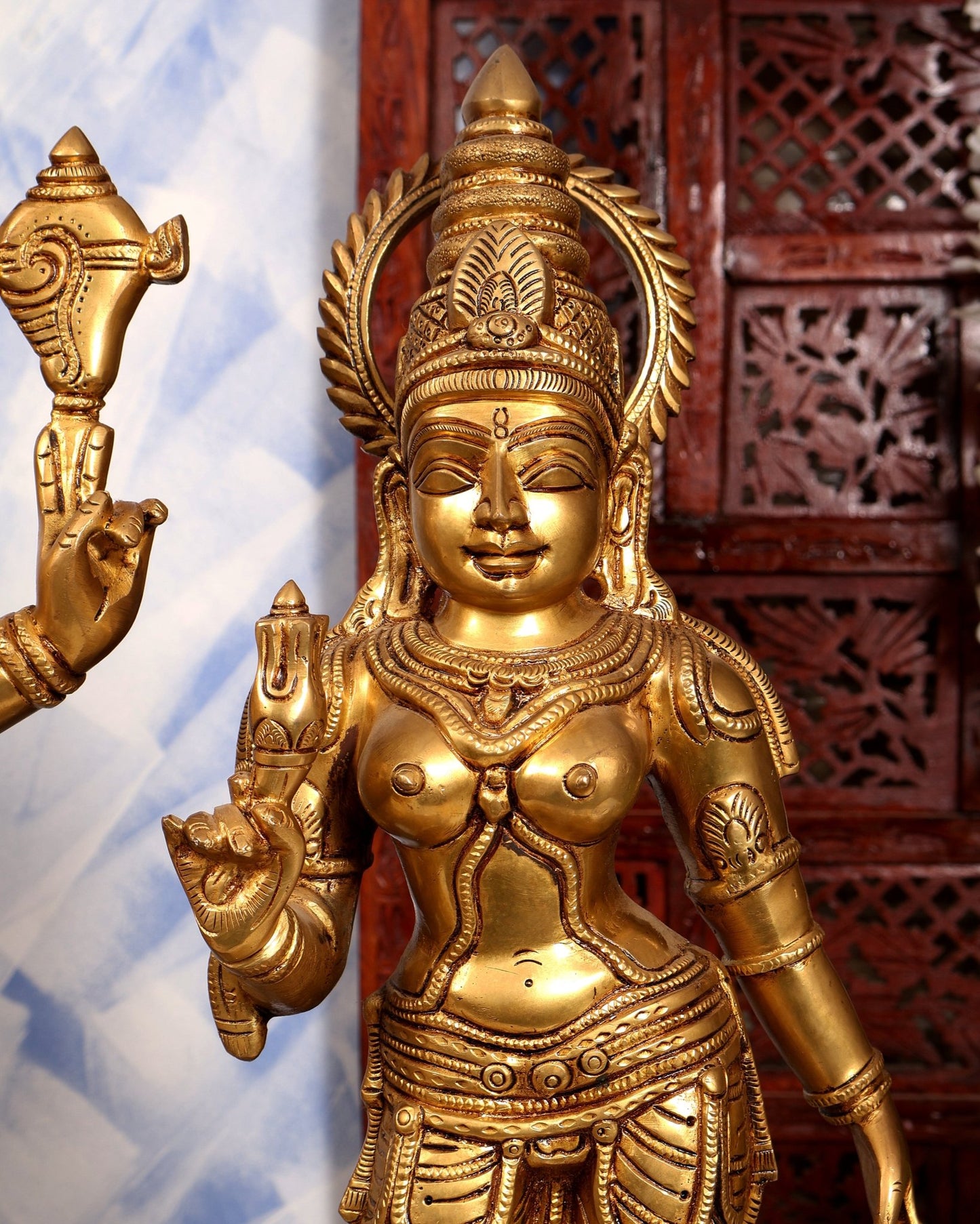 Brass Lord Vishnu with Bhudevi & Sridevi Idol Set | Large 3-Piece Temple Statue | Pure Brass Vaishnava Sculpture 25 inch - Budhshiv.com