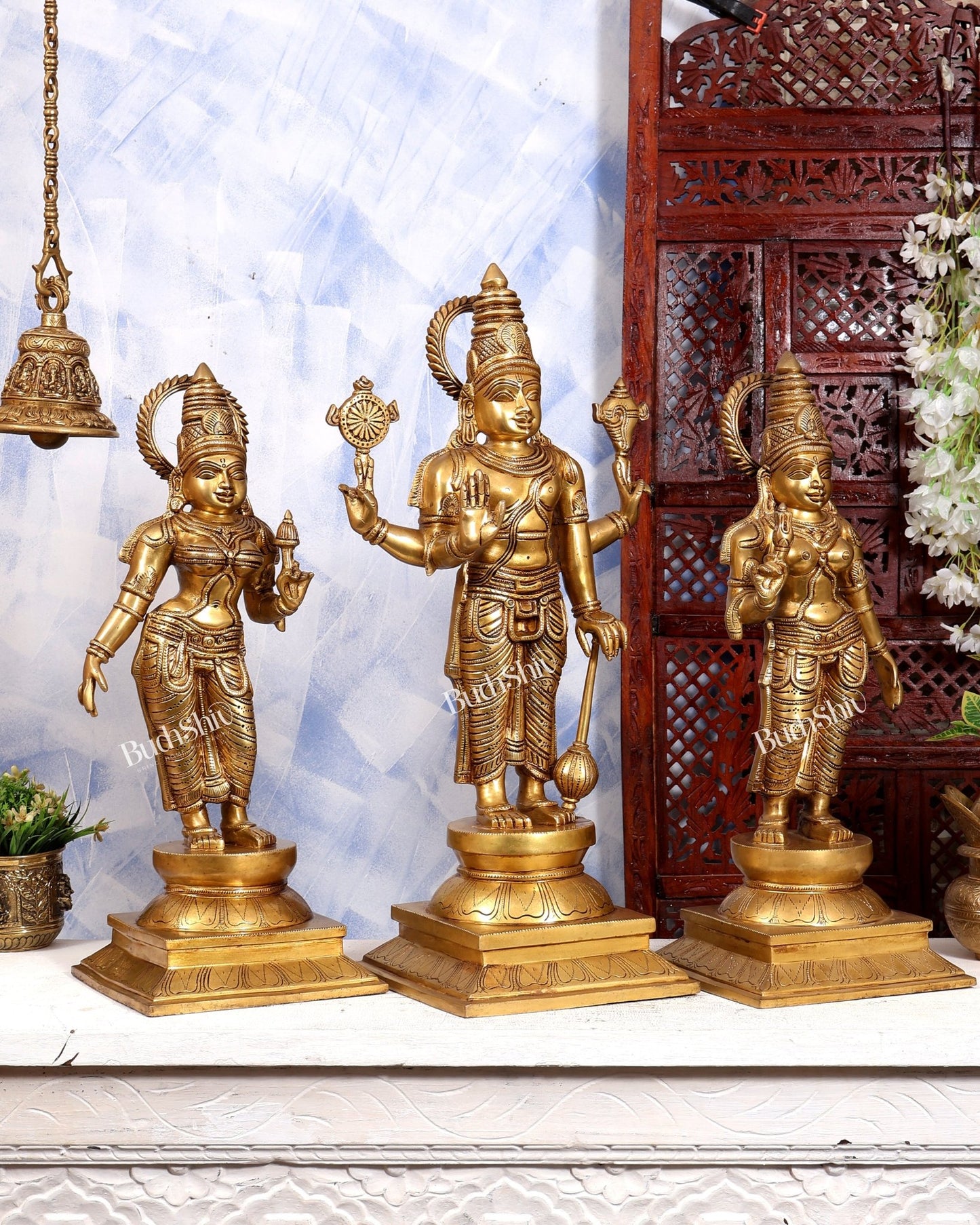 Brass Lord Vishnu with Bhudevi & Sridevi Idol Set | Large 3-Piece Temple Statue | Pure Brass Vaishnava Sculpture 25 inch - Budhshiv.com