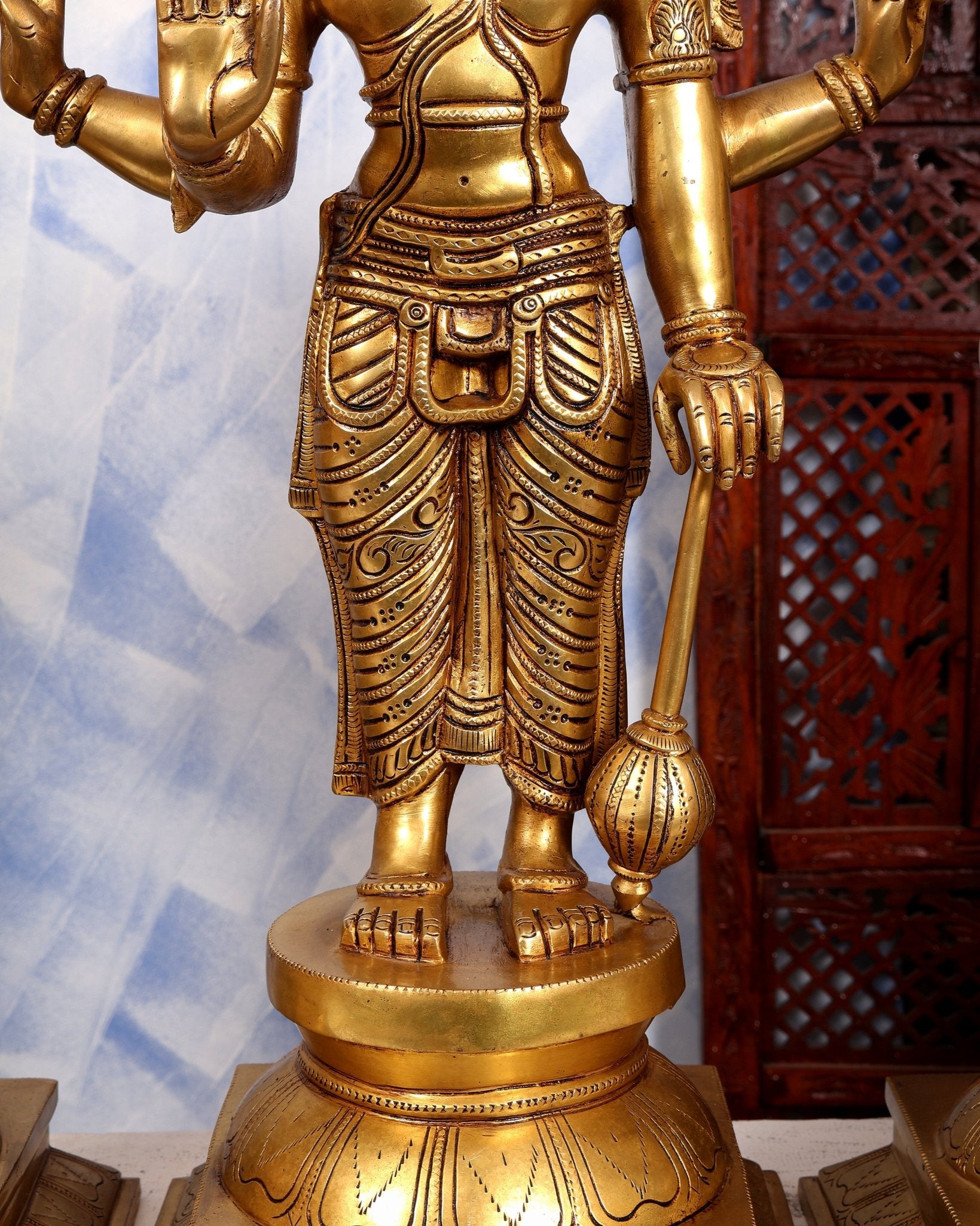 Brass Lord Vishnu with Bhudevi & Sridevi Idol Set | Large 3-Piece Temple Statue | Pure Brass Vaishnava Sculpture 25 inch - Budhshiv.com