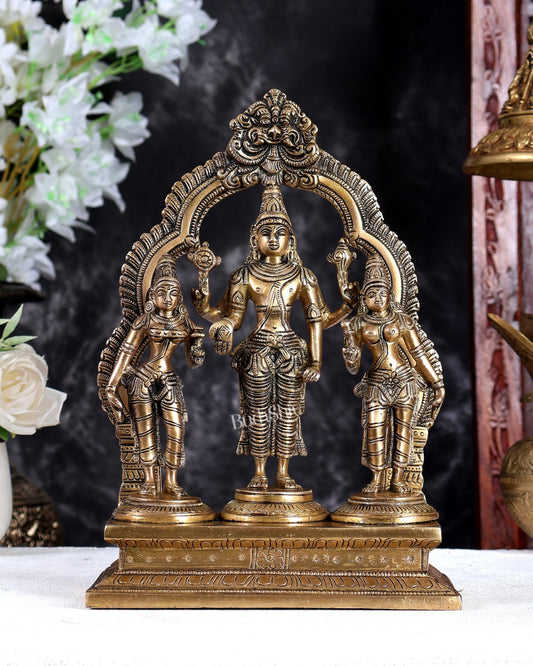 Brass Lord Vishnu with Bhudevi & Sridevi Idol with Ornate Frame – Handcrafted Divine Sculpture 10 inch - Budhshiv.com