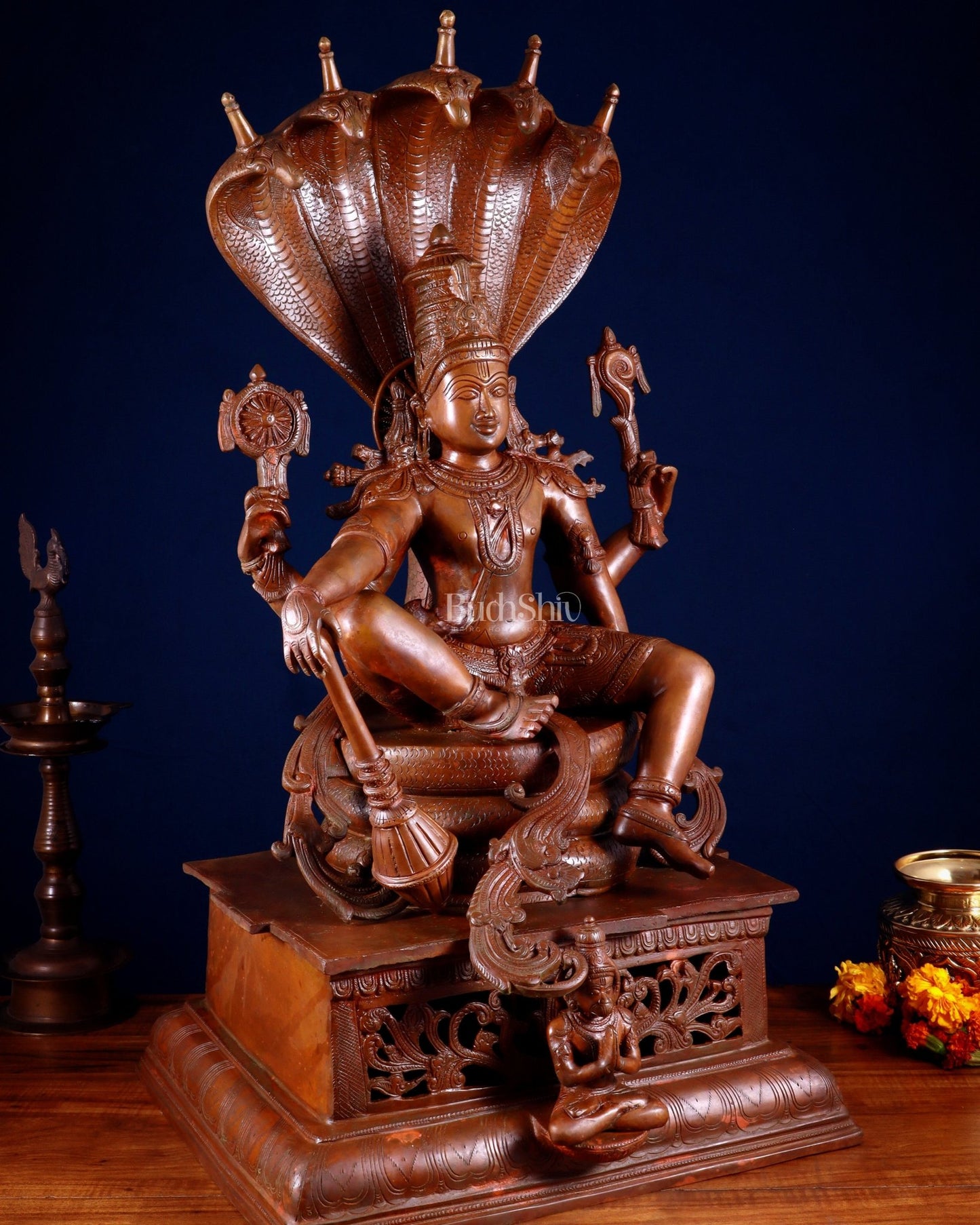 Brass Lord Vishnu with Sheshanaag & Hanuman – 29” Chola Bronze Layered - Budhshiv.com