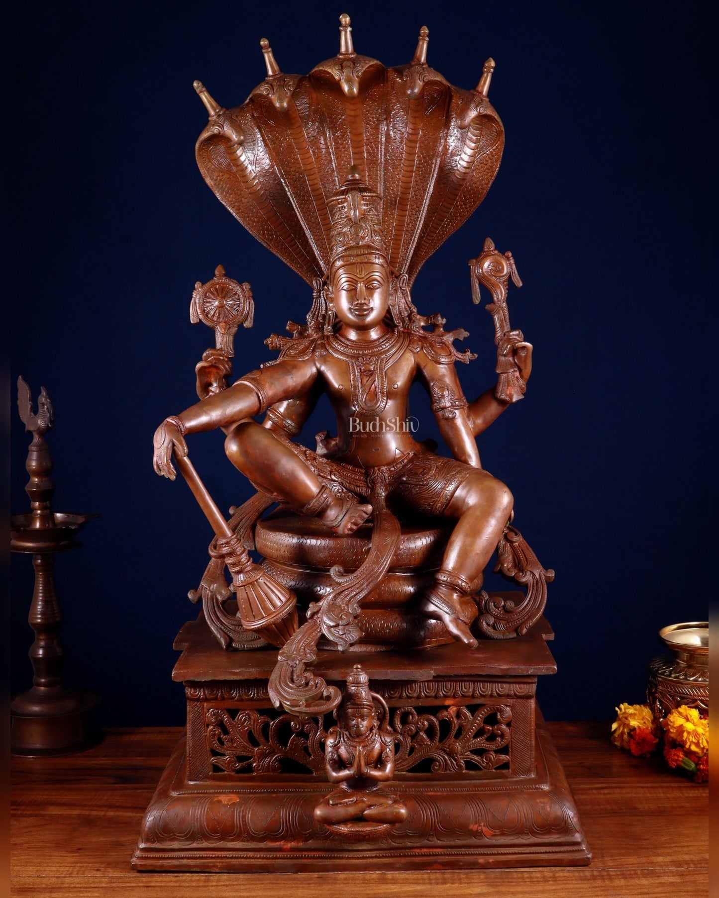 Brass Lord Vishnu with Sheshanaag & Hanuman – 29” Chola Bronze Layered - Budhshiv.com