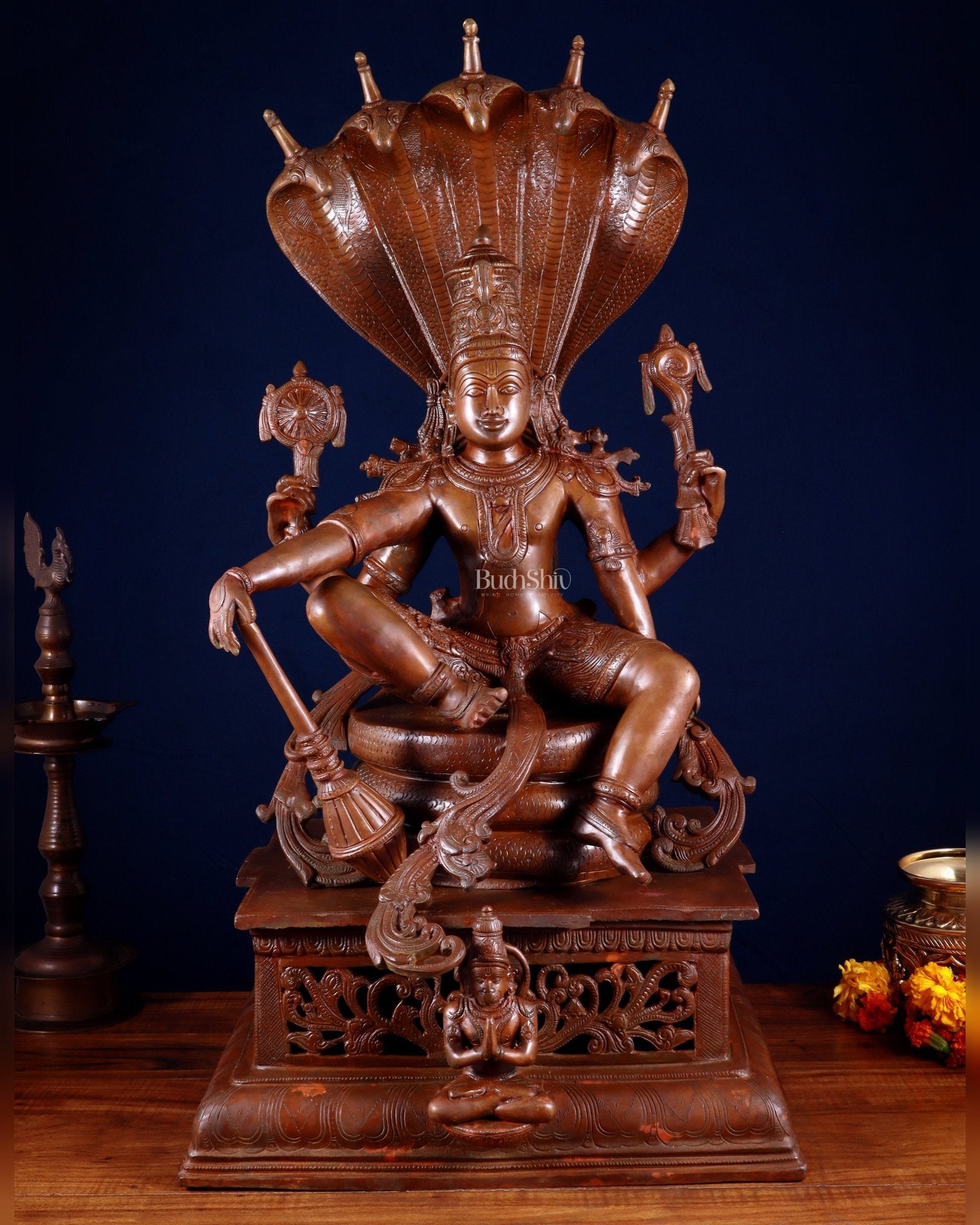 Brass Lord Vishnu with Sheshanaag & Hanuman – 29” Chola Bronze Layered - Budhshiv.com