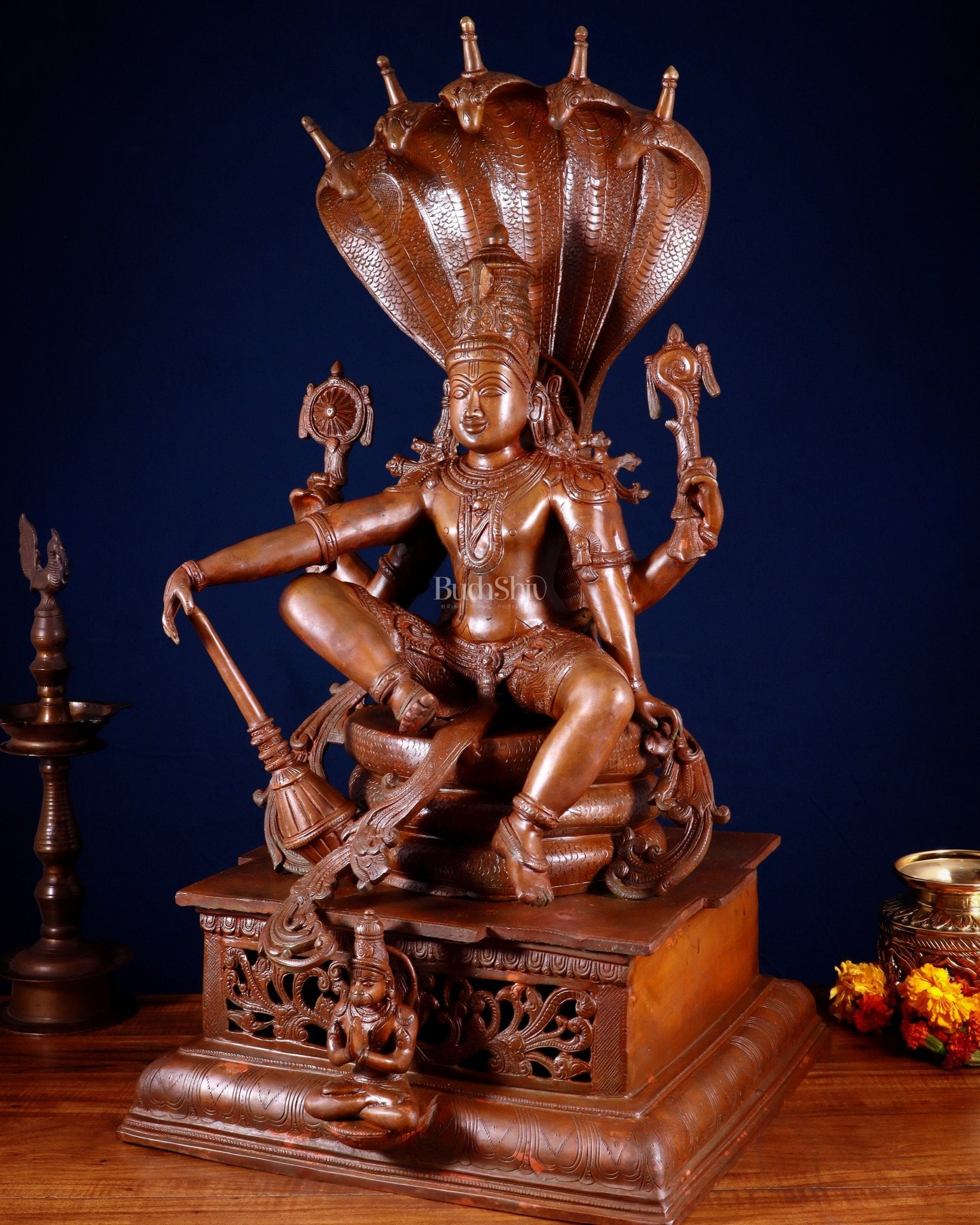 Brass Lord Vishnu with Sheshanaag & Hanuman – 29” Chola Bronze Layered - Budhshiv.com
