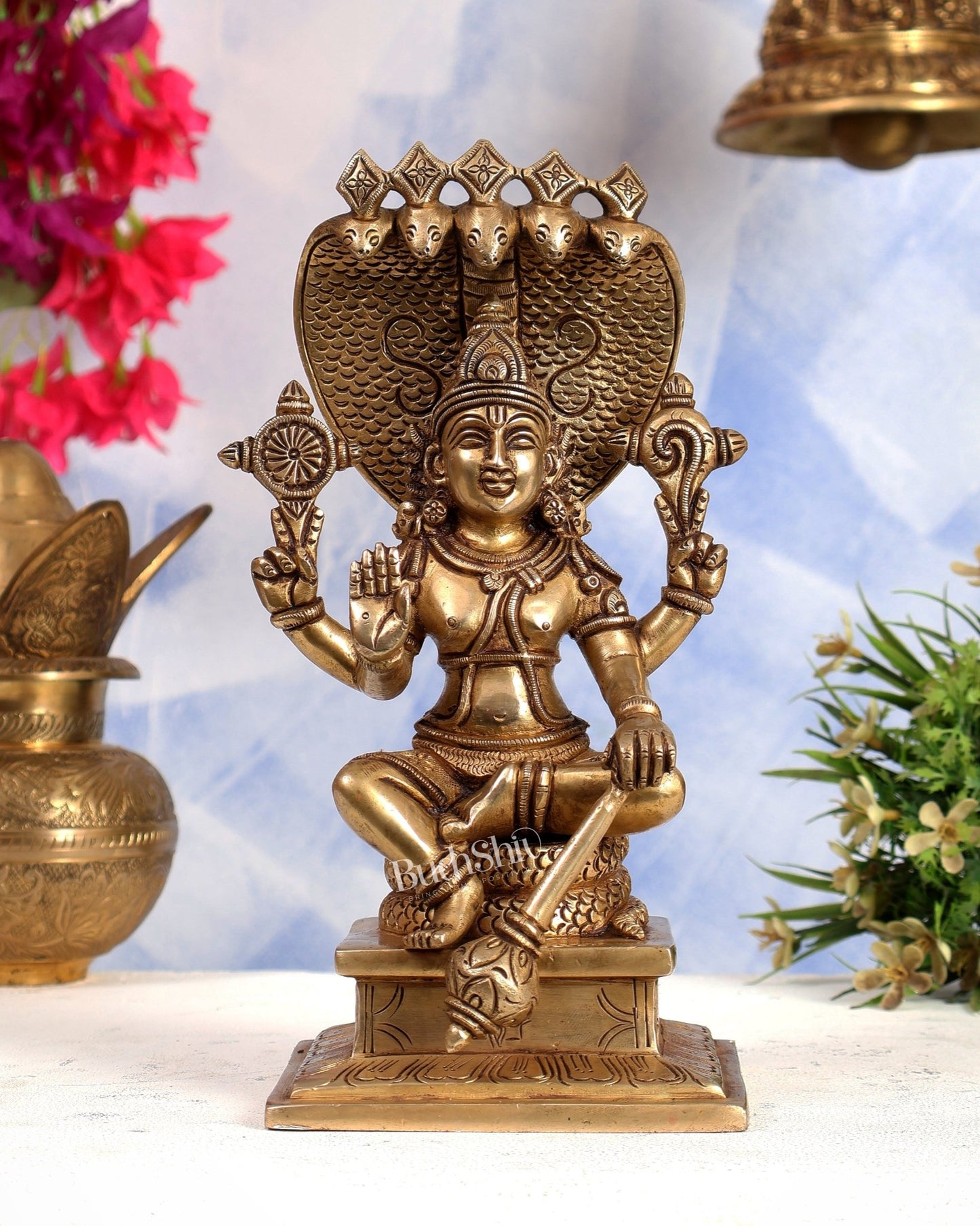Brass Lord Vishnu with Sheshanaag Idol 9 inch - Budhshiv.com
