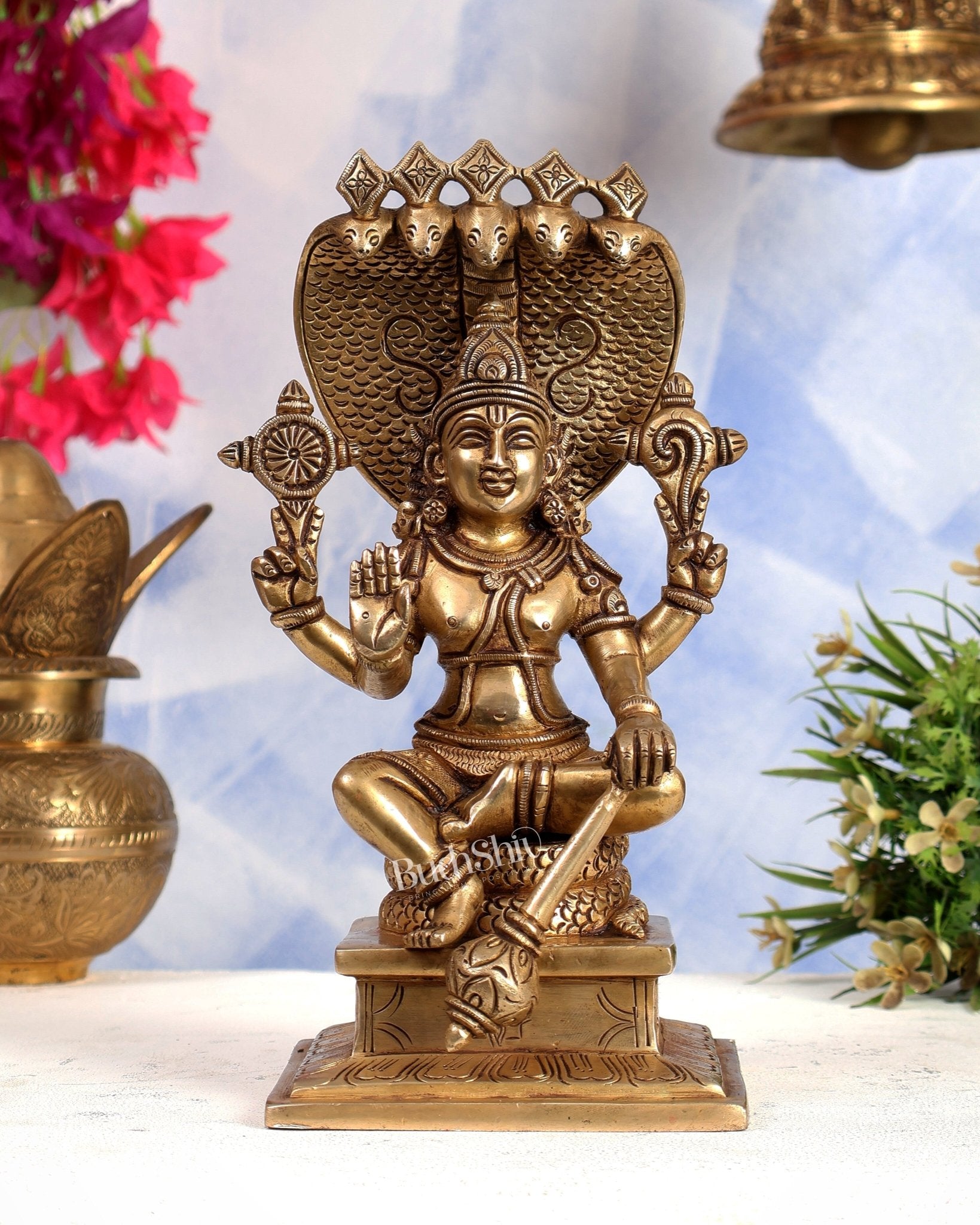 Brass Lord Vishnu with Sheshanaag Idol 9 inch - Budhshiv.com