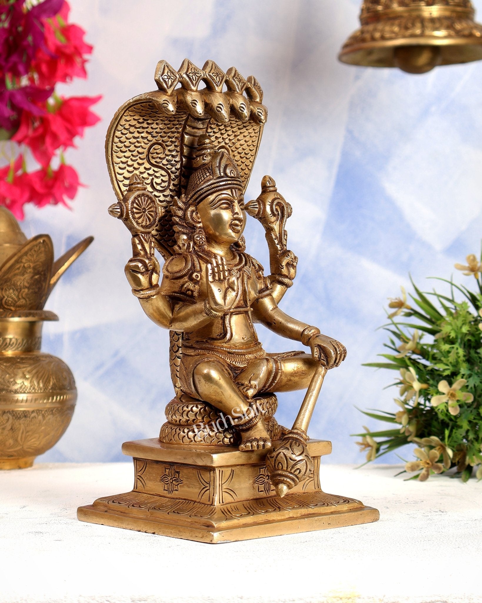 Brass Lord Vishnu with Sheshanaag Idol 9 inch - Budhshiv.com