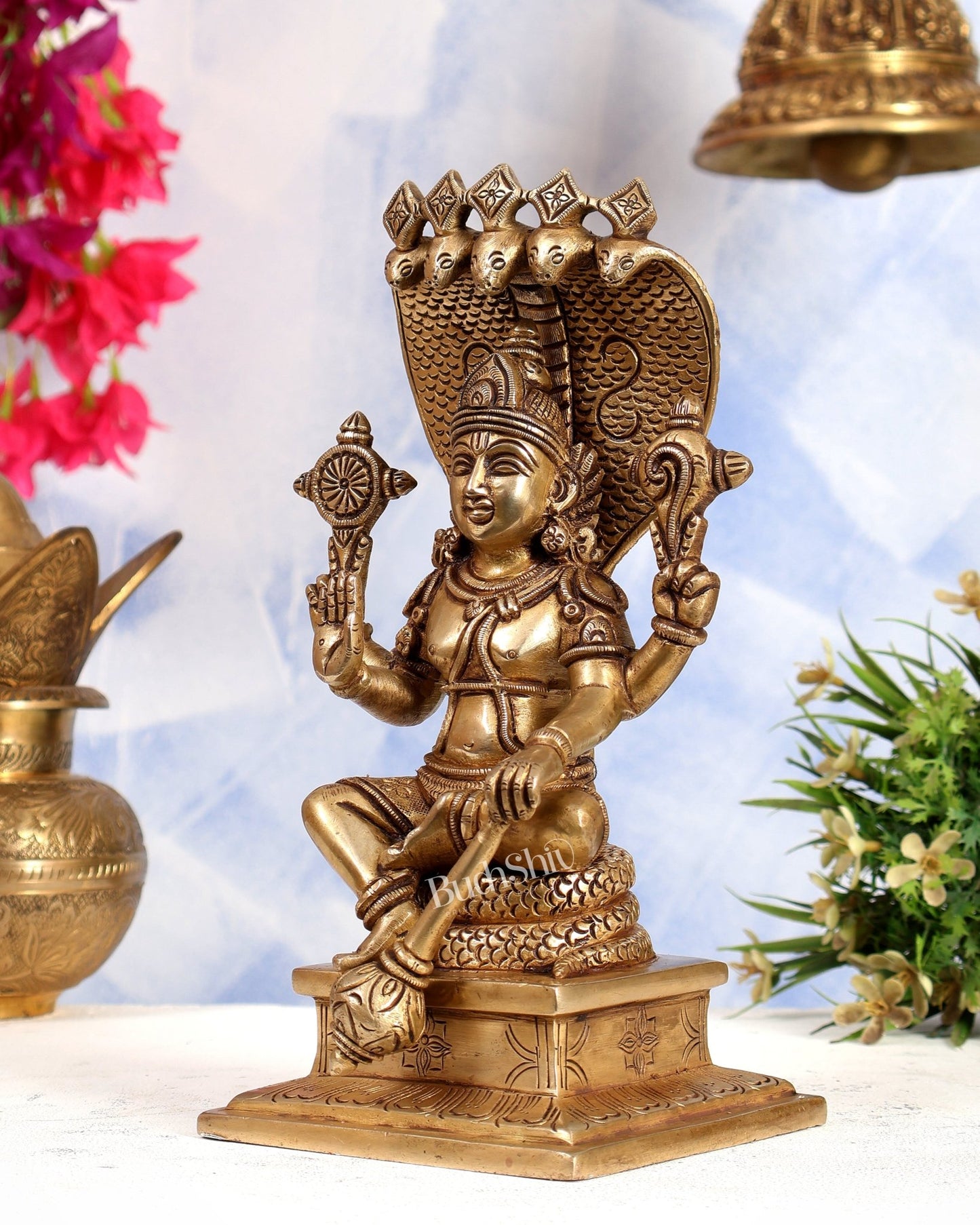 Brass Lord Vishnu with Sheshanaag Idol 9 inch - Budhshiv.com