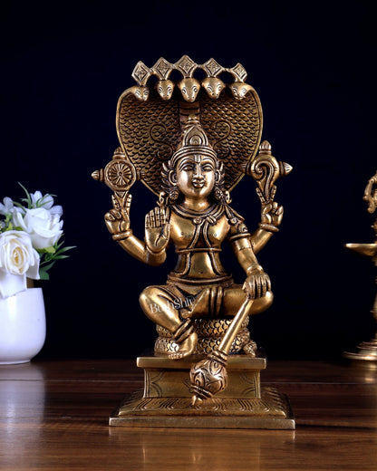 Brass Lord Vishnu with Sheshanaag Idol - 9.25 Inch antique tone - Budhshiv.com