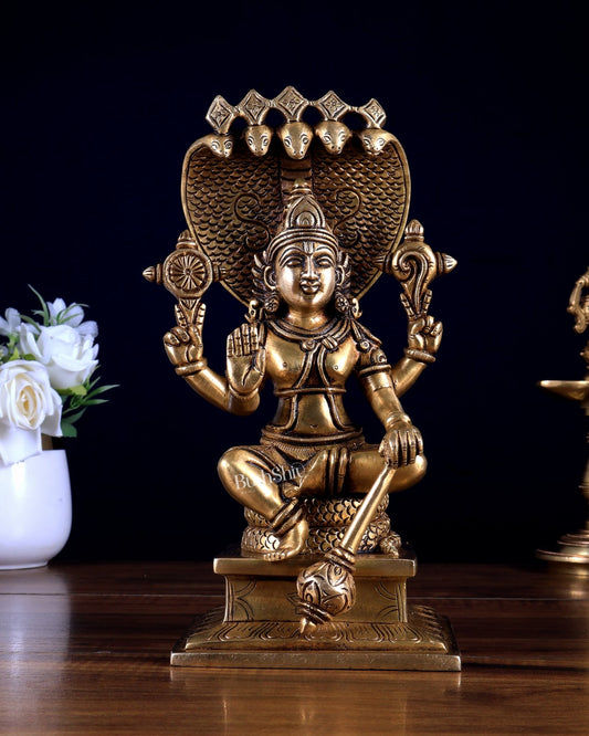 Brass Lord Vishnu with Sheshanaag Idol - 9.25 Inch antique tone - Budhshiv.com