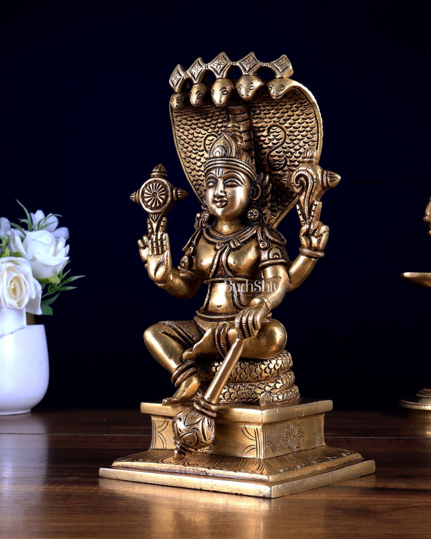Brass Lord Vishnu with Sheshanaag Idol - 9.25 Inch antique tone - Budhshiv.com