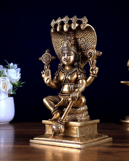 Brass Lord Vishnu with Sheshanaag Idol - 9.25 Inch antique tone - Budhshiv.com