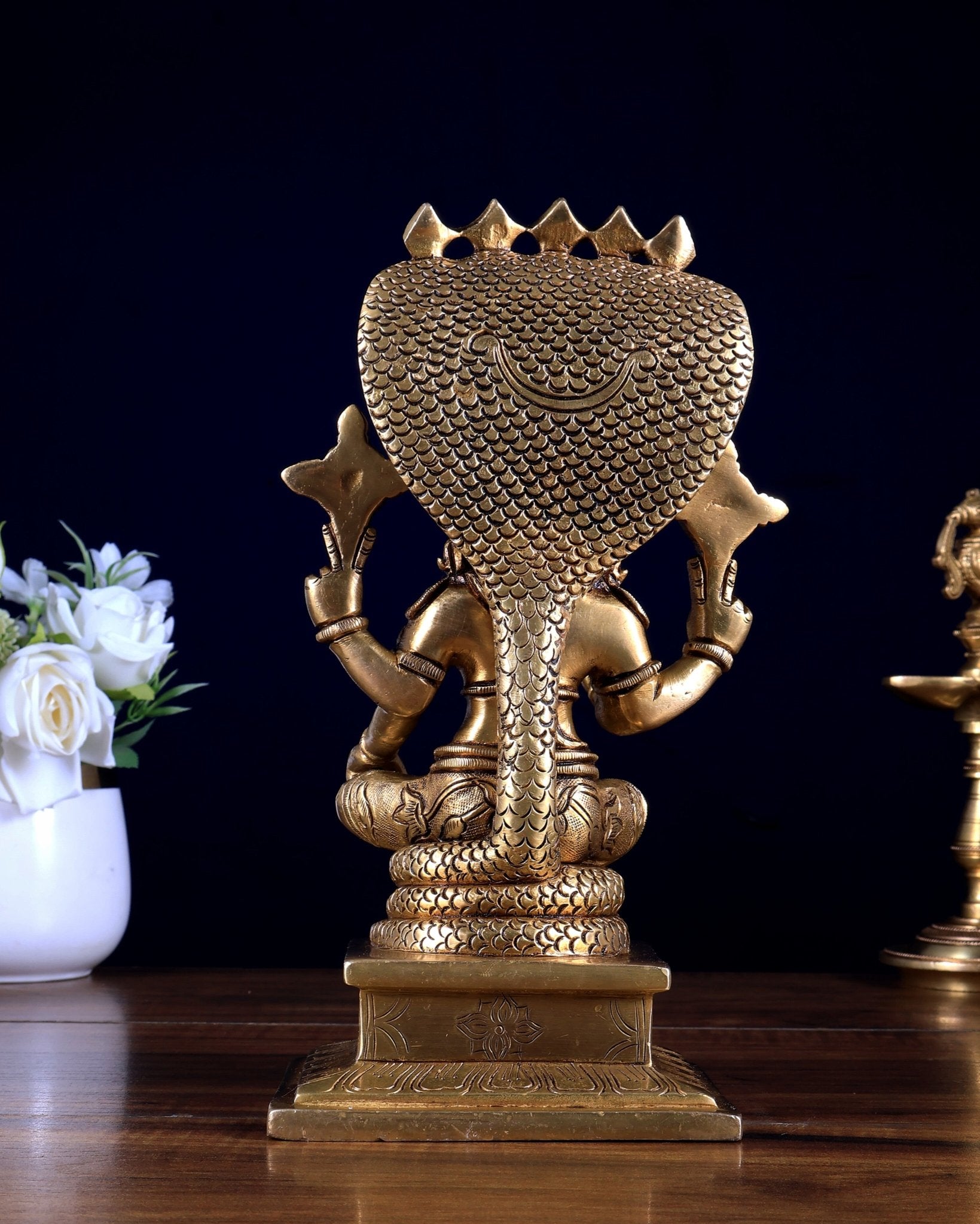 Brass Lord Vishnu with Sheshanaag Idol - 9.25 Inch antique tone - Budhshiv.com