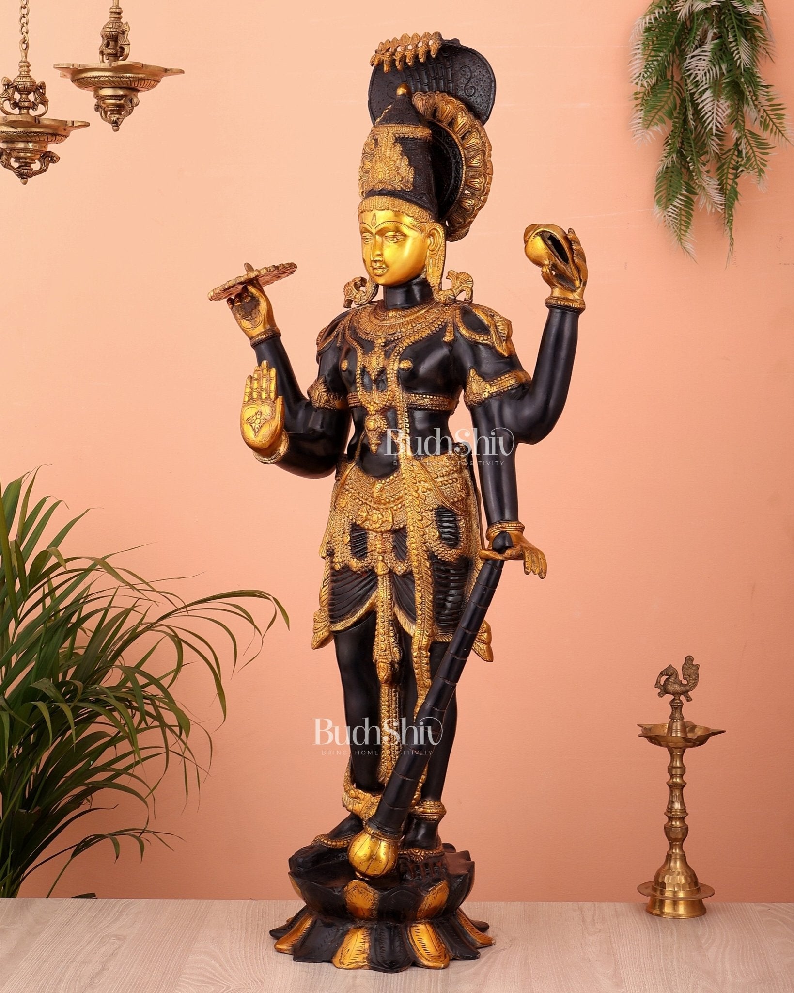 Brass Lord Vishnu with Sheshanaaga 40" sculpture - Budhshiv.com