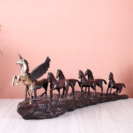 Brass Lucky 7 Running Horses with Angel Horse | Uphill Vastu Showpiece (36 Inch) - Budhshiv.com