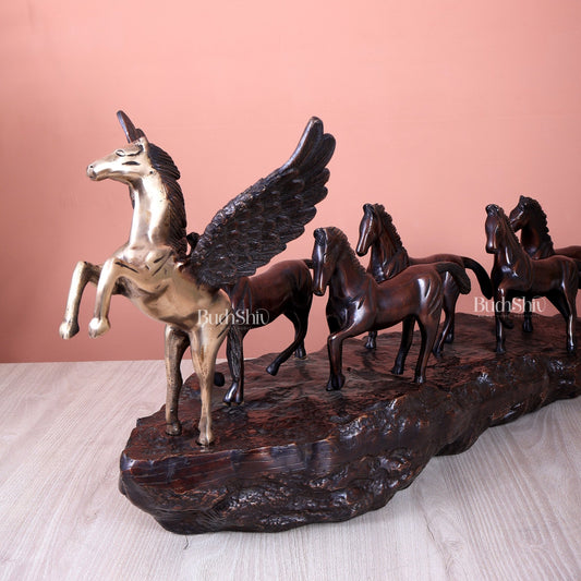 Brass Lucky 7 Running Horses with Angel Horse | Uphill Vastu Showpiece (36 Inch) - Budhshiv.com