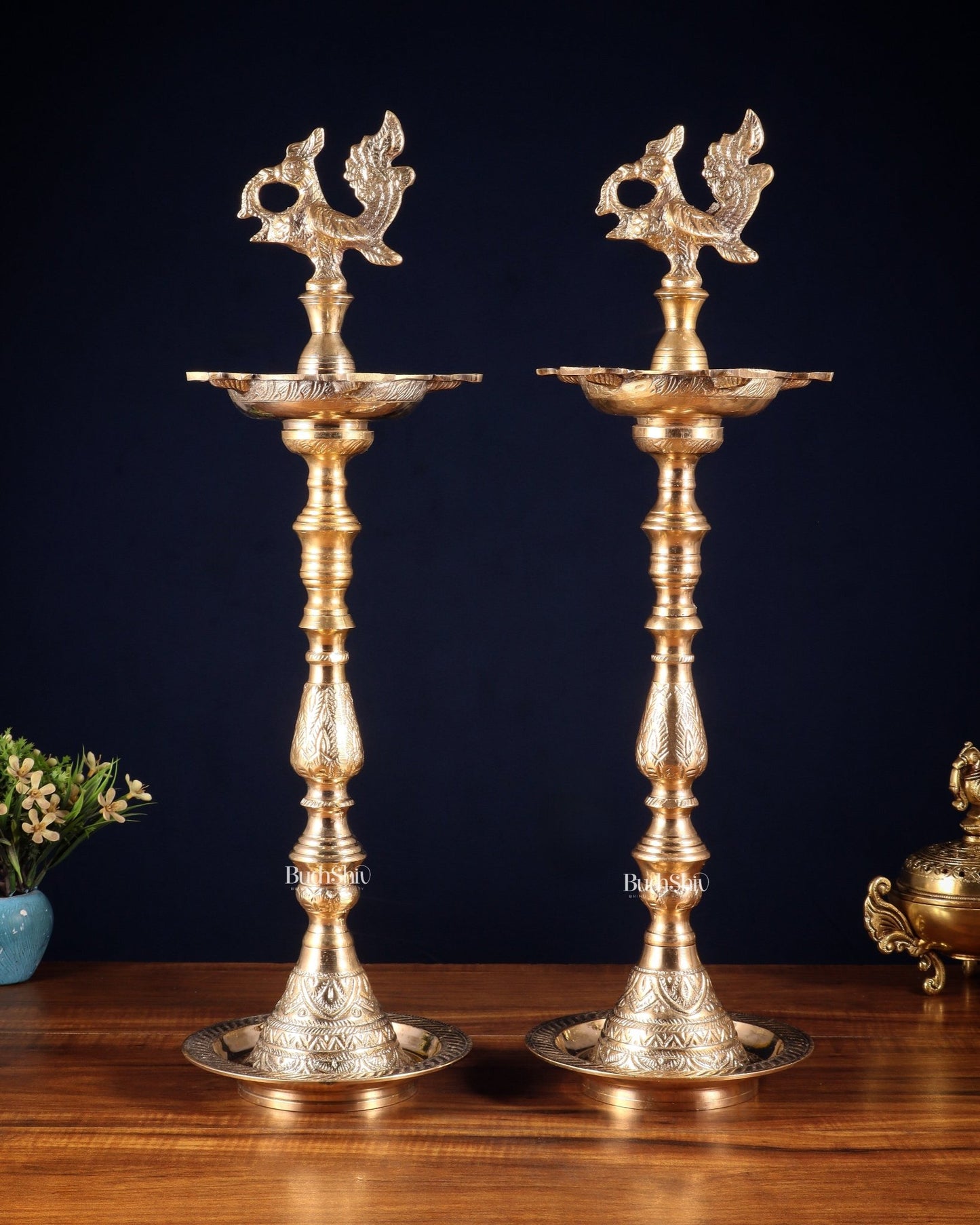 Brass Mahabharat Inauguration Oil Lamp Diya – 21" Pair - Budhshiv.com
