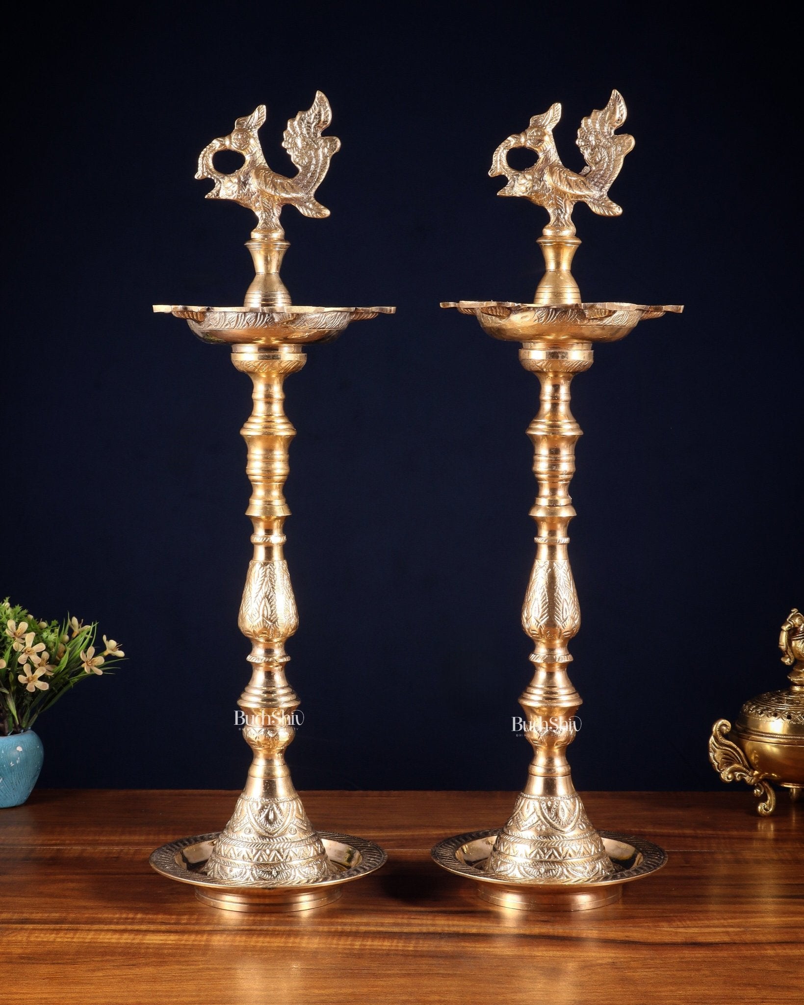 Brass Mahabharat Inauguration Oil Lamp Diya – 21" Pair - Budhshiv.com