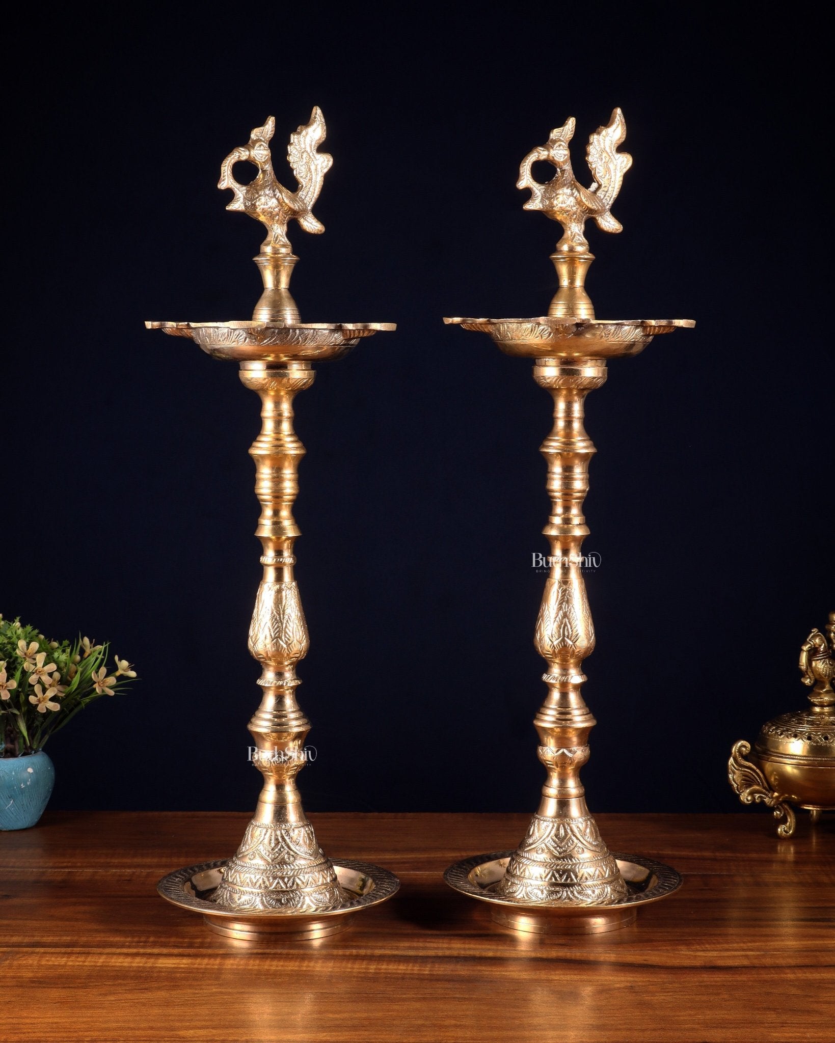 Brass Mahabharat Inauguration Oil Lamp Diya – 21" Pair - Budhshiv.com
