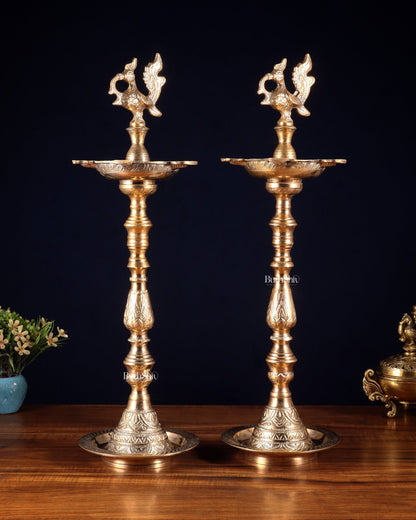 Brass Mahabharat Inauguration Oil Lamp Diya – 21" Pair - Budhshiv.com