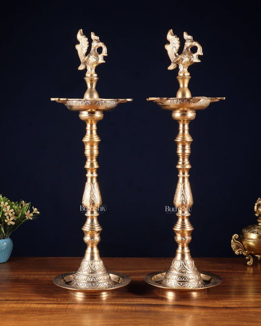 Brass Mahabharat Inauguration Oil Lamp Diya – 21" Pair - Budhshiv.com