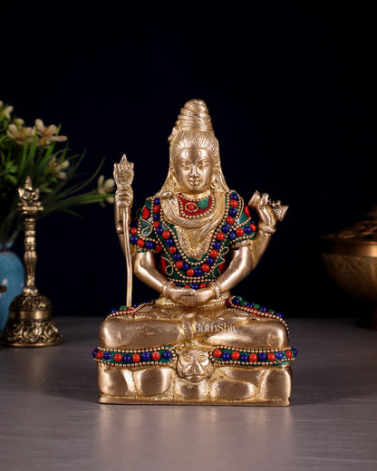 Brass Mahadev in Meditation – Lord Shiva Statue with Floral Stonework 6" - Budhshiv.com