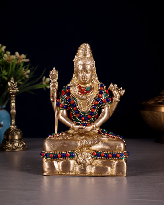 Brass Mahadev in Meditation – Lord Shiva Statue with Floral Stonework 6" - Budhshiv.com