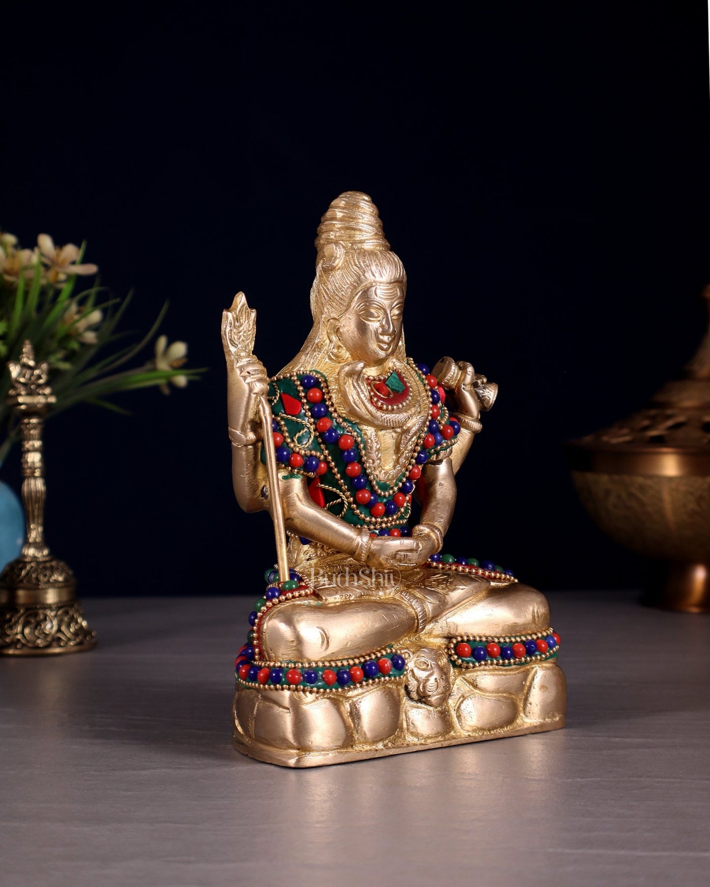 Brass Mahadev in Meditation – Lord Shiva Statue with Floral Stonework 6" - Budhshiv.com