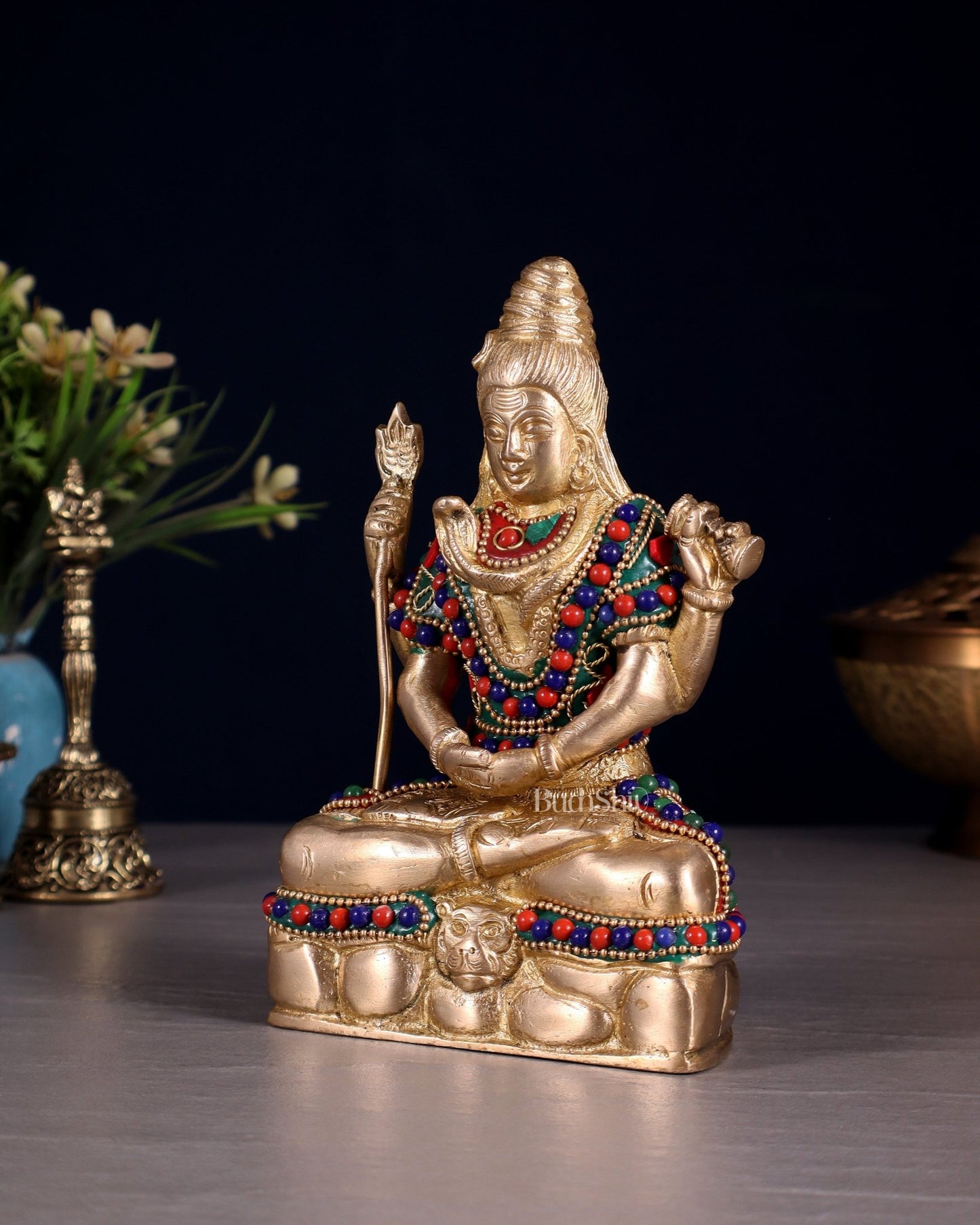 Brass Mahadev in Meditation – Lord Shiva Statue with Floral Stonework 6" - Budhshiv.com