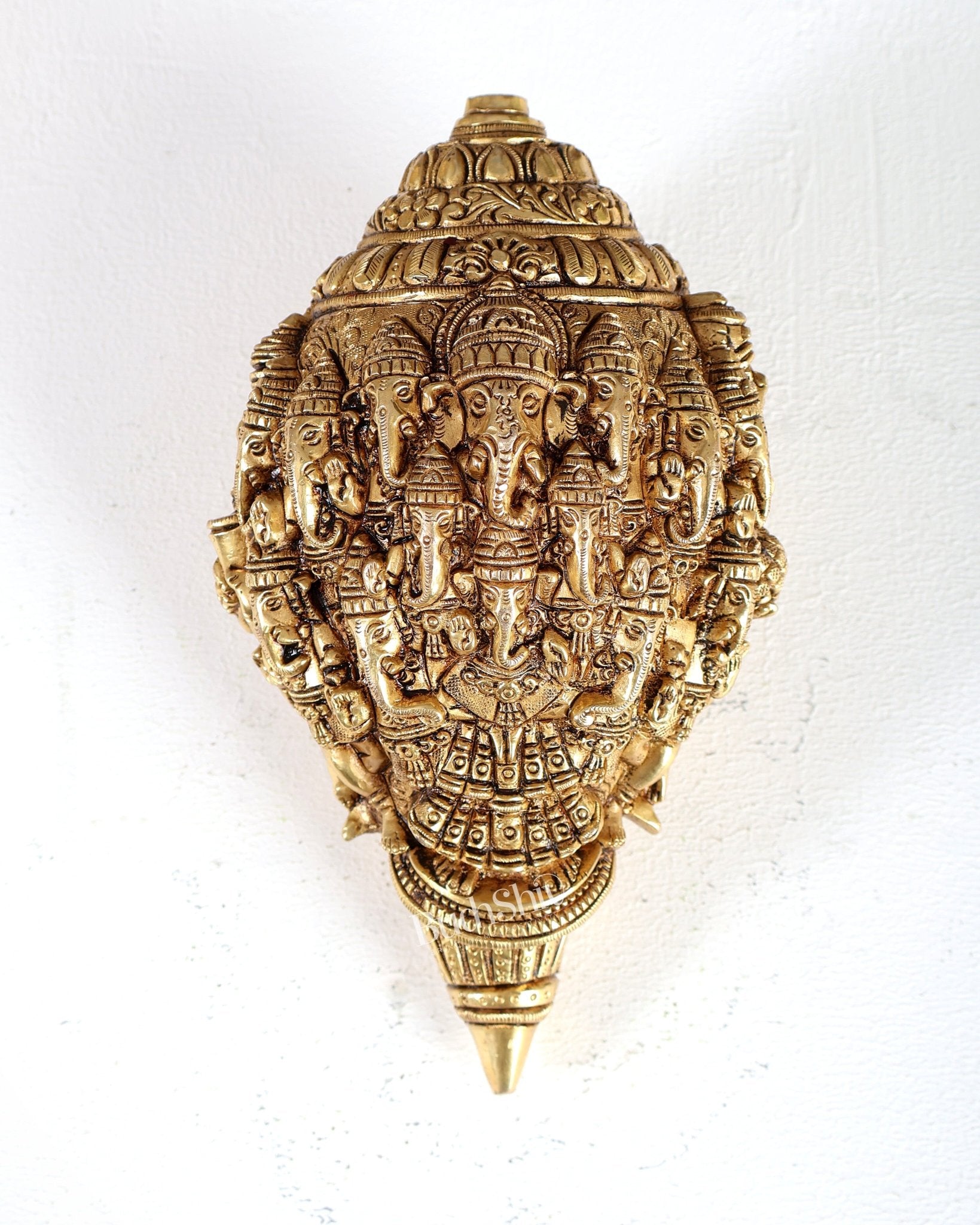 Brass Mahaganapati Shankh – Intricately Detailed Auspicious Lord Ganesha Conch Sculpture 8.5 inch - Budhshiv.com
