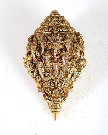 Brass Mahaganapati Shankh – Intricately Detailed Auspicious Lord Ganesha Conch Sculpture 8.5 inch - Budhshiv.com