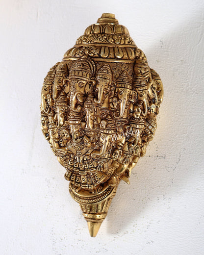 Brass Mahaganapati Shankh – Intricately Detailed Auspicious Lord Ganesha Conch Sculpture 8.5 inch - Budhshiv.com