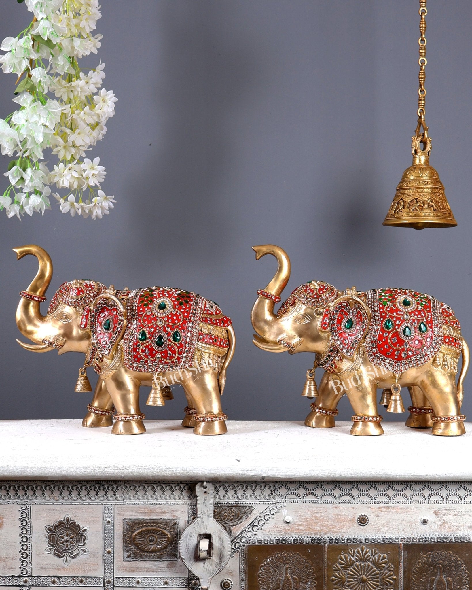 Brass Maharaja Elephant Pair – Rajasthani Meenakari & Stone Work Royal Décor Set (12.5 Inches) - Budhshiv.com