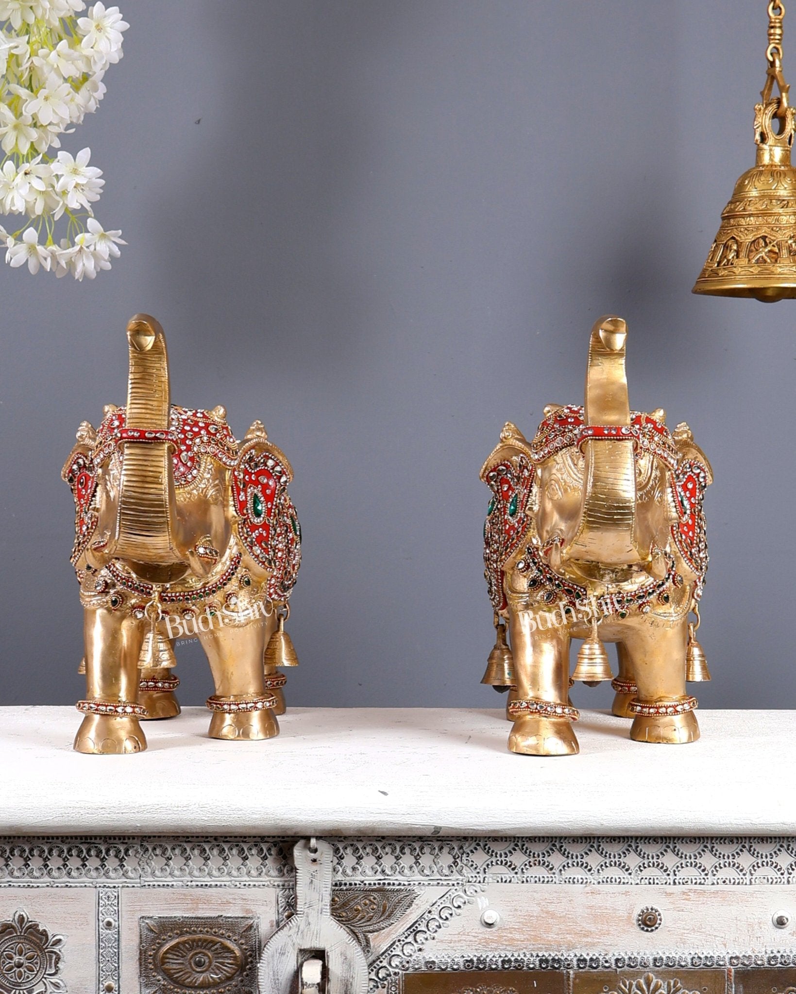 Brass Maharaja Elephant Pair – Rajasthani Meenakari & Stone Work Royal Décor Set (12.5 Inches) - Budhshiv.com