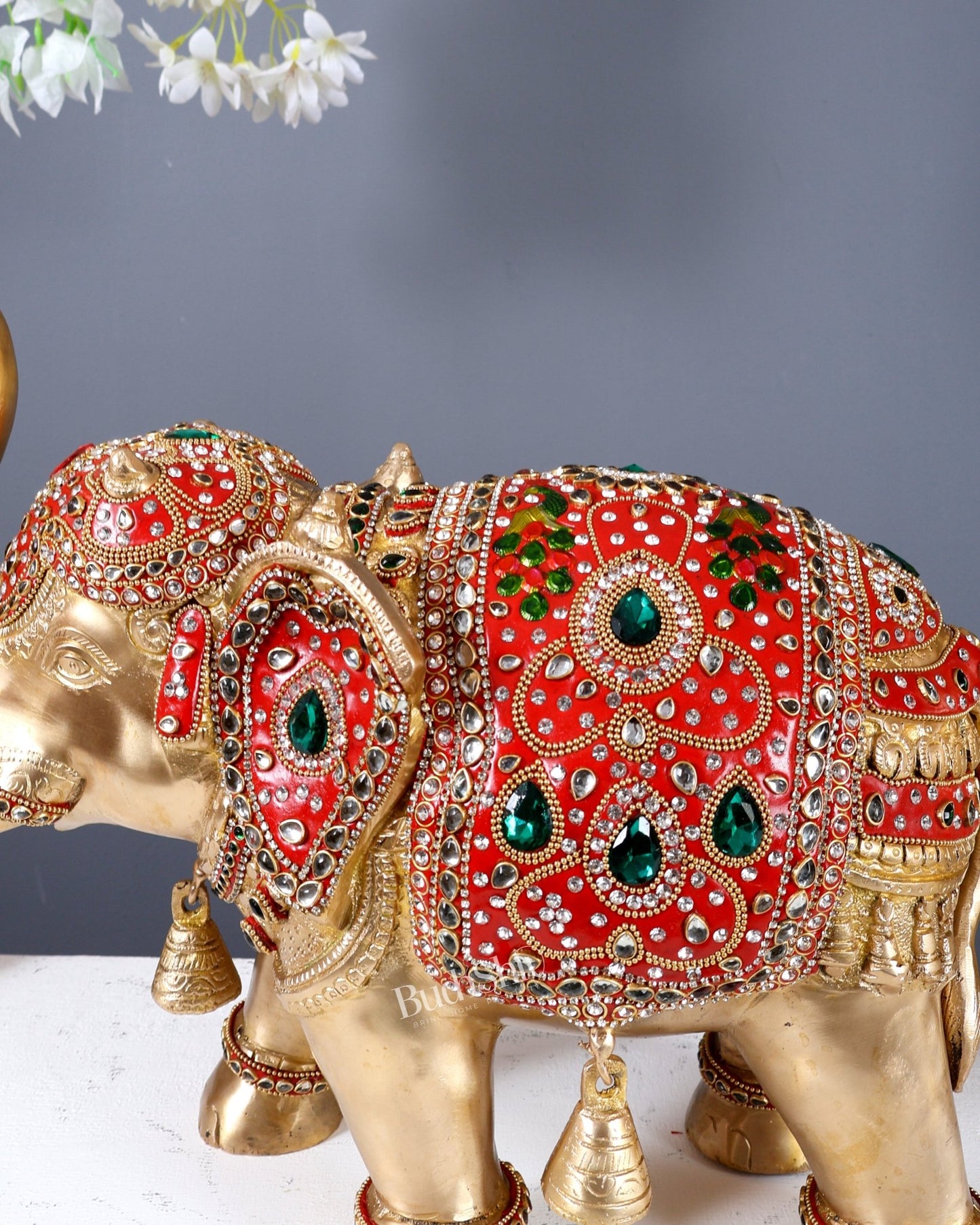 Brass Maharaja Elephant Pair – Rajasthani Meenakari & Stone Work Royal Décor Set (12.5 Inches) - Budhshiv.com