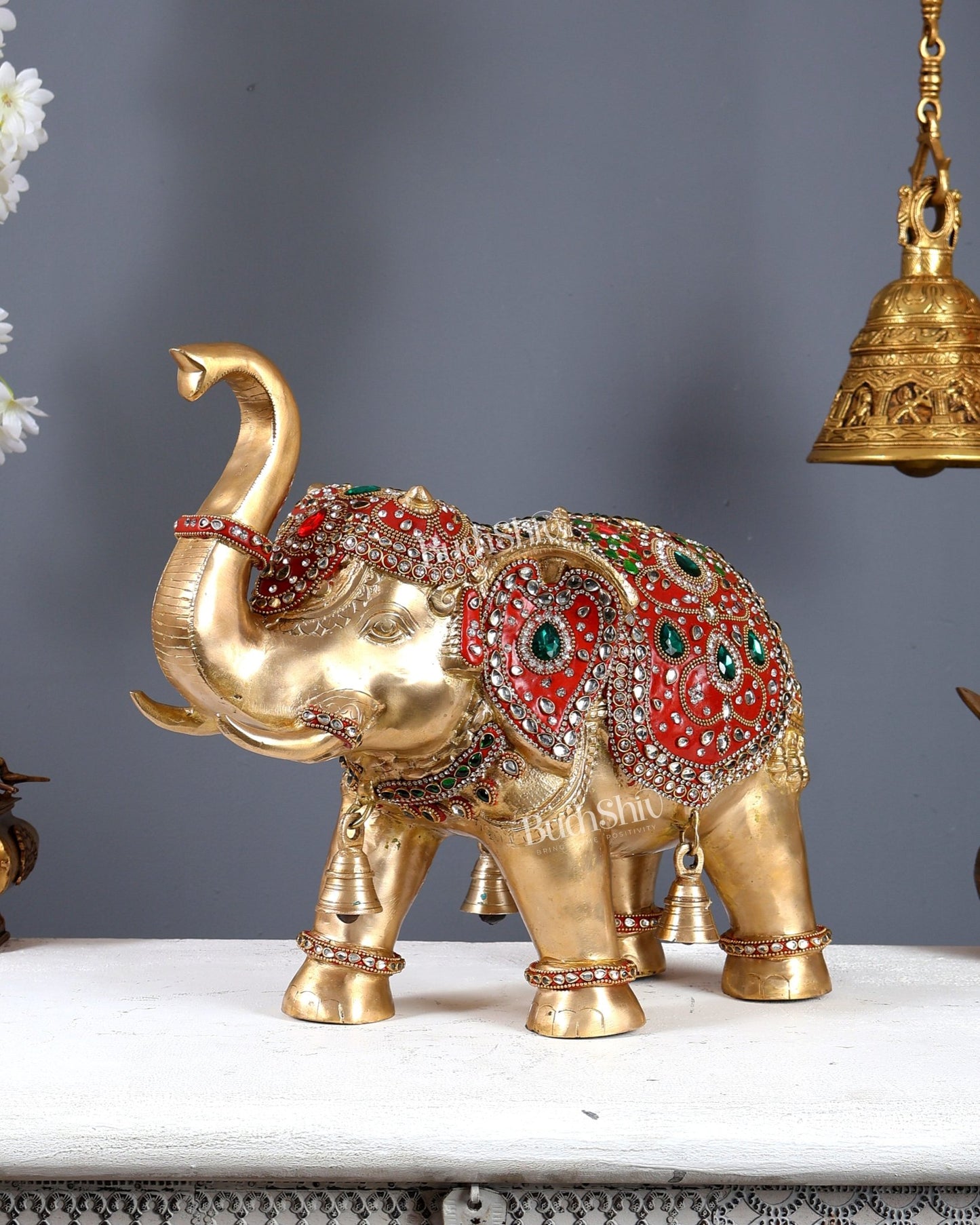 Brass Maharaja Elephant Showpiece – Rajasthani Meenakari & Stone Work Royal Décor (15 Inch wide) - Budhshiv.com