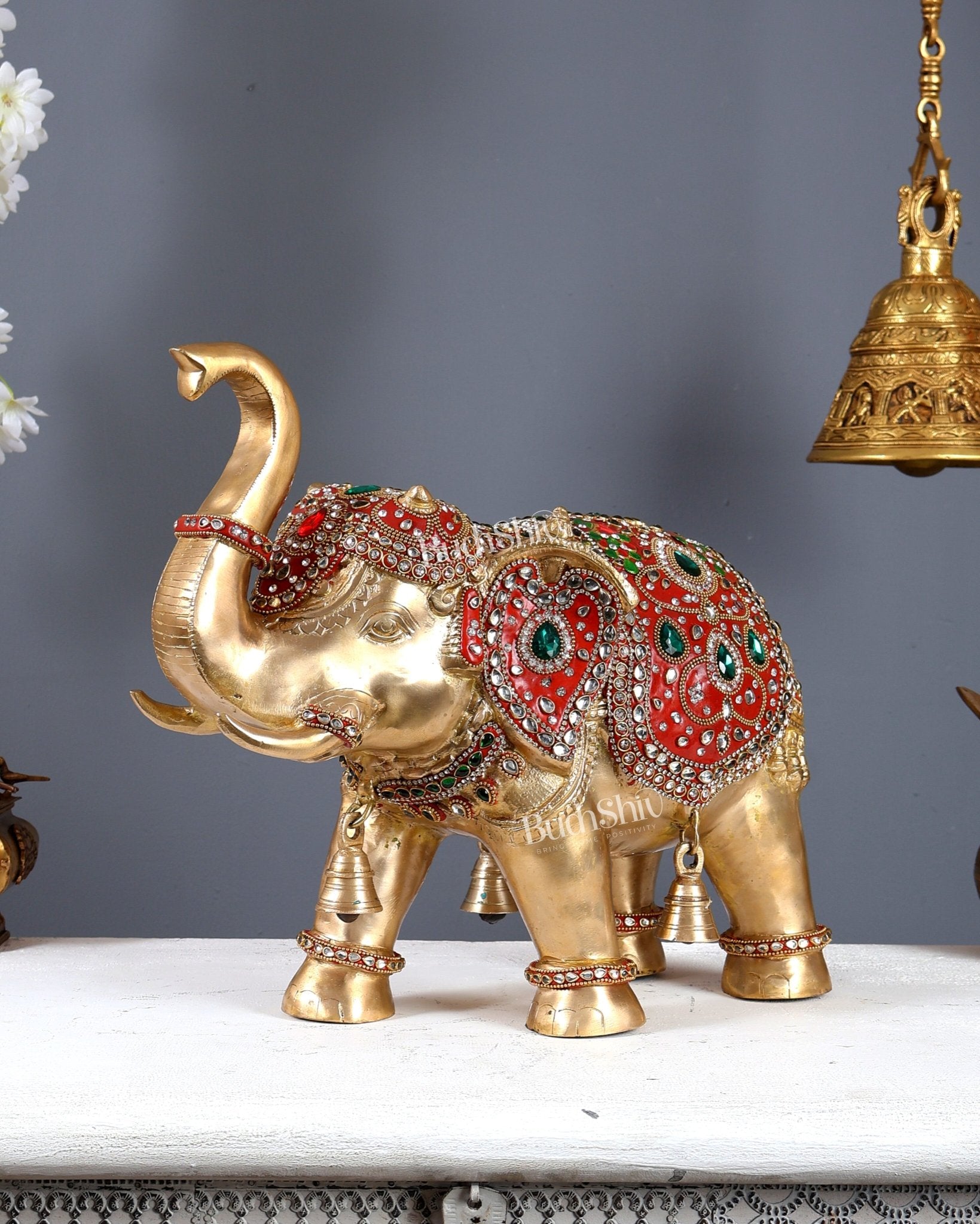Brass Maharaja Elephant Showpiece – Rajasthani Meenakari & Stone Work Royal Décor (15 Inch wide) - Budhshiv.com