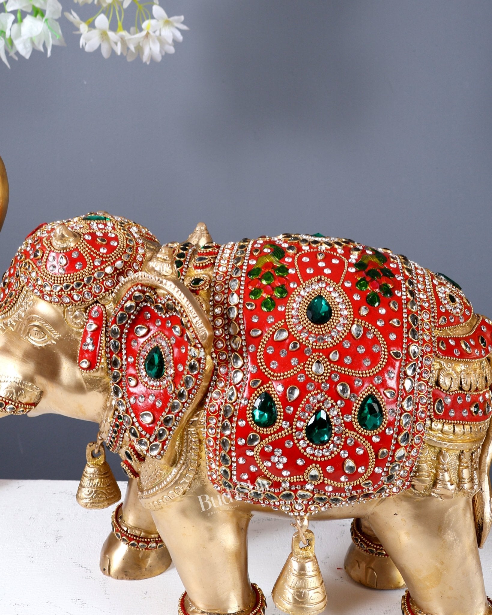 Brass Maharaja Elephant Showpiece – Rajasthani Meenakari & Stone Work Royal Décor (15 Inch wide) - Budhshiv.com