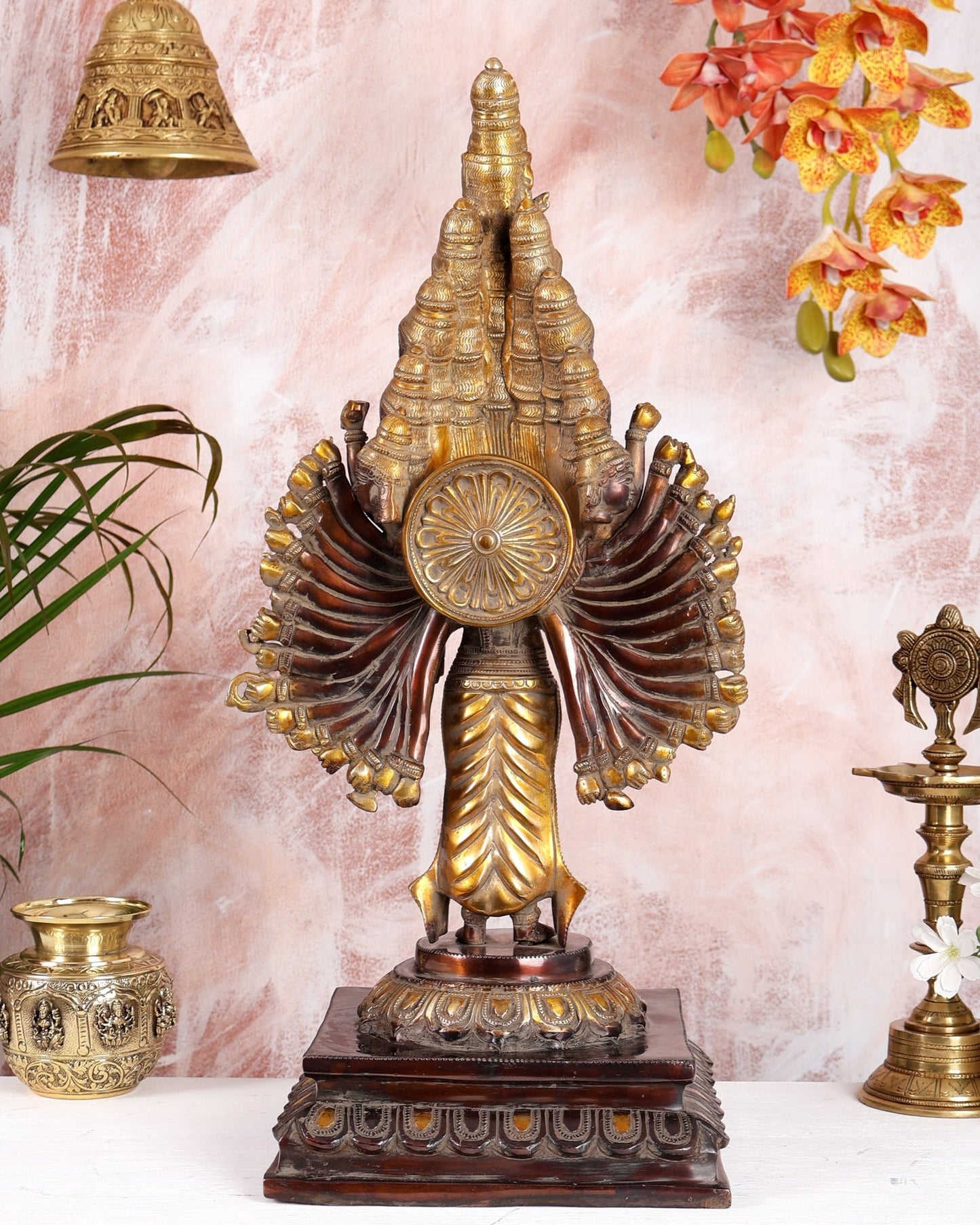 Brass Mahasadashiva (25 Faces, 50 Arms) Vishwa Roopam Shiva Sculpture – Vintage Patina Finish | 23 Inches - Budhshiv.com